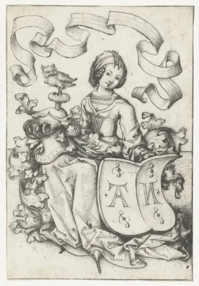 Dame met uil en wapenschild met de letters AN