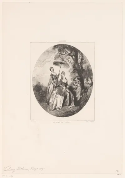 Dame onder parasol met fluitspeler