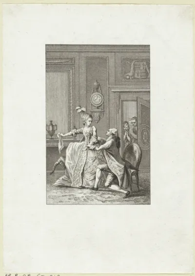 Dame wijst een heer af terwijl figuren in de deuropening meeluisteren