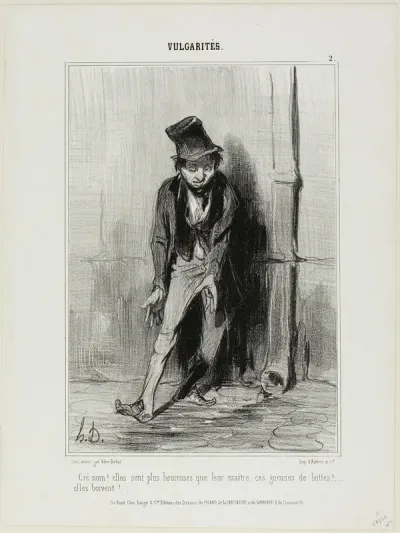 “Damn! They are happier than their master.... these bitches of boots... they drink!,” plate 2 from Vulgarités