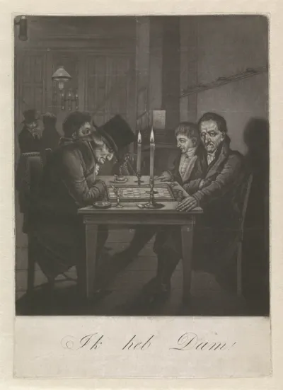 Damspelers in de koffiekamer van Felix Meritis te Amsterdam, ca. 1800