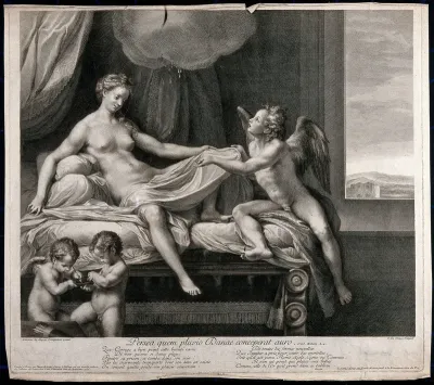 Danae. Engraving by G. Duchange after P. de' Pietri after A. Allegri, il Correggio