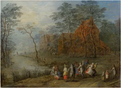 Dancing peasants on the village road