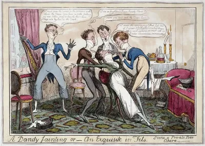 Dandies at the opera, one of them swooning, overcome with emotion
