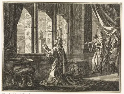 Daniël in gebed geknield voor een venster wordt bespied