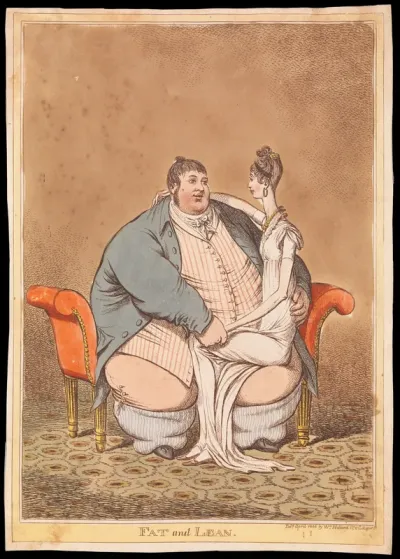 Daniel Lambert contrasted with a thin woman seated on his knee