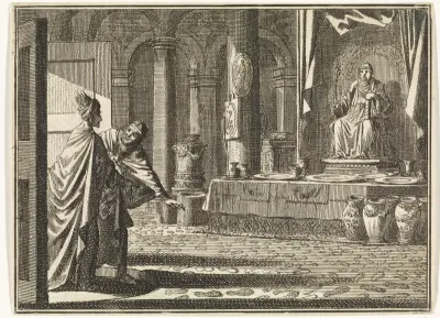 Daniël toont aan Cyrus de voetstappen op de grond van de tempel van Bel
