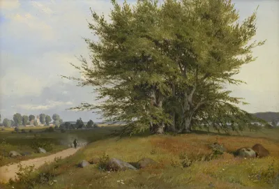 Danish beech landscape with shepherds and church in the background