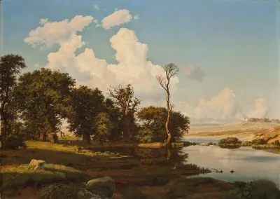 Danish Landscape, Oak Trees by a Lake.