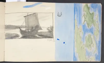 Danmark, set i fugleperspektiv, samt studie af sejlbåd ved en strandbred