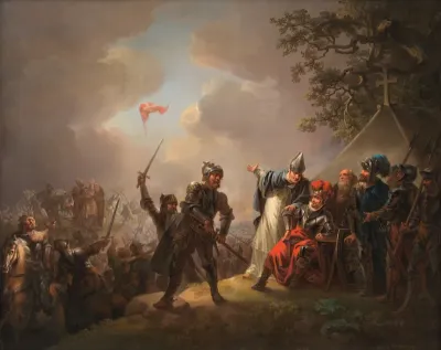 Dannebrog falder ned fra himlen under Volmerslaget ved Lyndanisse (Tallin) i Estland den 15. juni 1219