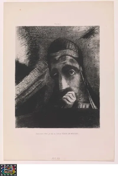 Dans mon rêve, je vis au ciel un visage de mystère [In mijn droom zag ik aan de hemel een mysterieus gezicht], uit de reeks Hommage à Goya.  6 lithographies par Odilon Redon
