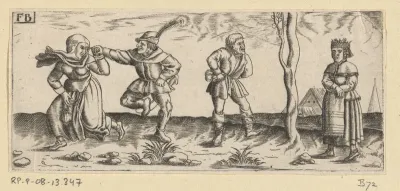 Dansend boerenpaar, daarnaast een boerin die niet wil dansen