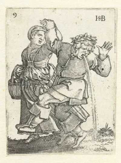 Dansend boerenpaar, man geeft over