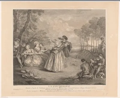 Dansend koppel in een landschap met overige figuren