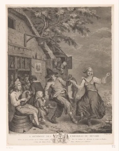 Dansend paar voor een herberg