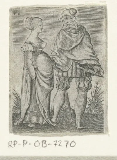 Dansend stel, de man heeft een baard en een dolk
