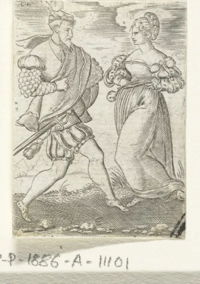 Dansend stel, de vrouw met de handen in haar zij