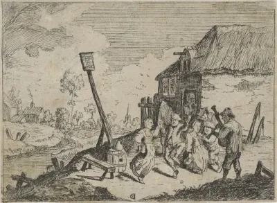 Dansende boeren bij een herberg