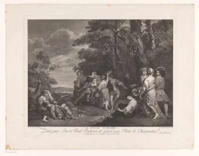 Dansende en feestende figuren in een landschap