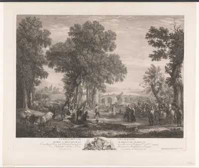 Dansende figuren in een landschap met op de achtergrond een brug