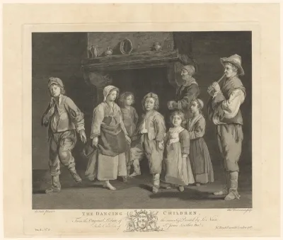 Dansende kinderen in een boereninterieur