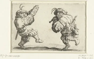 Dansende kleine mensen (karikaturen) met tamboerijn en fluit