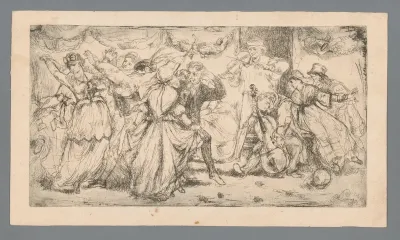 Dansende paren bij een duo strijkers