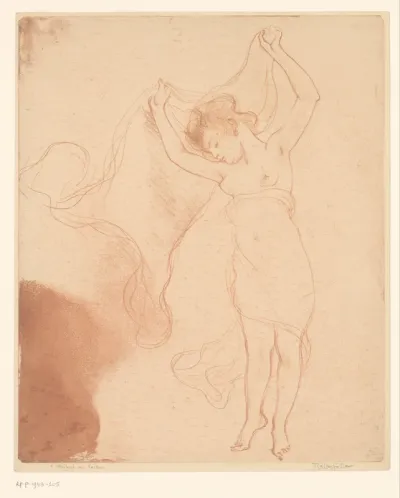 Dansende vrouw houdt een draperie in de lucht