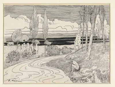 Dansende vrouwen in landschap; een jongen zit langs de kant van de weg