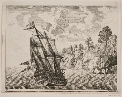 Dansk orlogsskib ved klippekyst