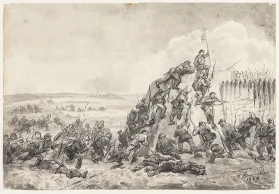 Danske soldater stormer en palisaderække. Fra kampen ved Frederica