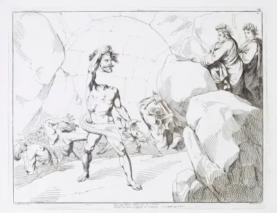 Dante and Virgil watching Bertrand de Born hold his head away from his body to illustrate the spreading of disunity
