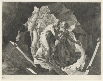 Dante en Vergilius betreden de hel door een poort