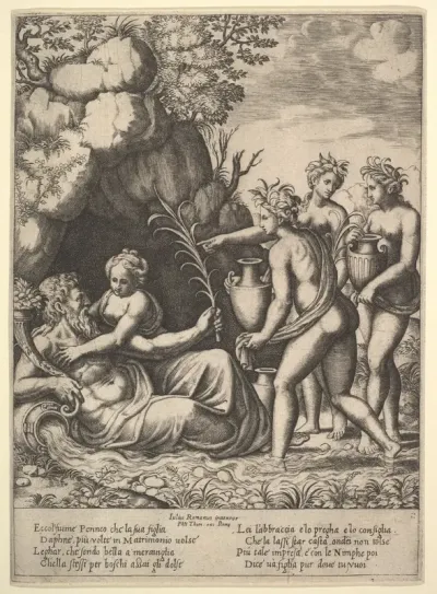 Daphne embracing her father, the river-god Peneus, at the left three nymphs bring jars from the 'Story of Apollo and Daphne'