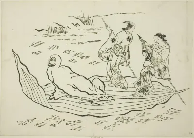 Daruma crossing the sea on a leaf, no. 7 from a series of 12 prints