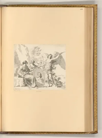 Das Brustbild des Louis de Valois in ovalem Rahmen, umgeben von allegorischen Figuren