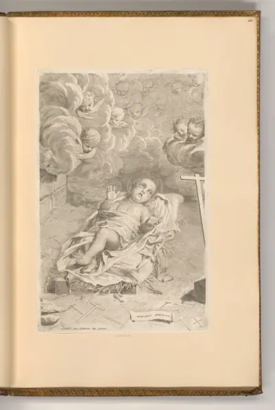 Das Jesuskind in einer Krippe mit Wolken und Putten