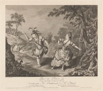 Dauberval en Mademoiselle Allard dansend in een bos
