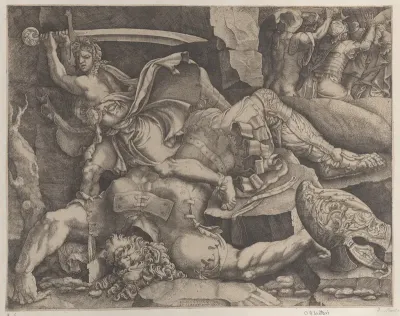 David about to decapitate Goliath