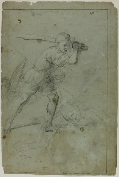 David Beheading Goliath (recto); Sketch of Draped Female Figure with Right Arm Raised Above Head (verso)