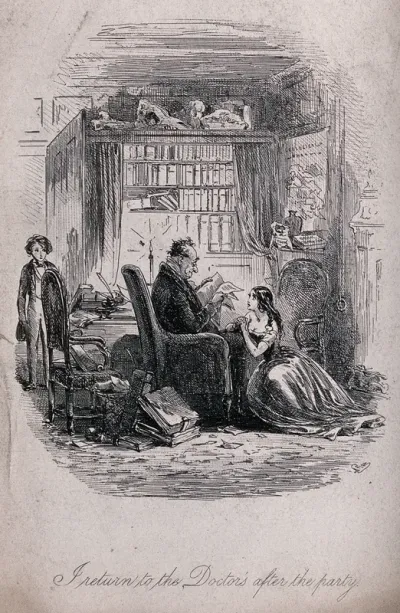 David Copperfield as a boy enters the study of Dr Strong who is absorbed in lexicographic work; his young wife Annie is sitting on a stool at his feet