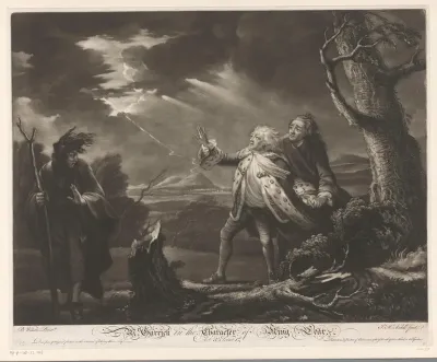 David Garrick als koning Lear met de graaf van Kent en Edgar vermomd als Tom in een stormachtig landschap