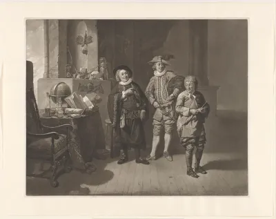 David Garrick in de rol van Abel Drugger, meneer Burton als 'Subtle' and John Palmer als 'Face'