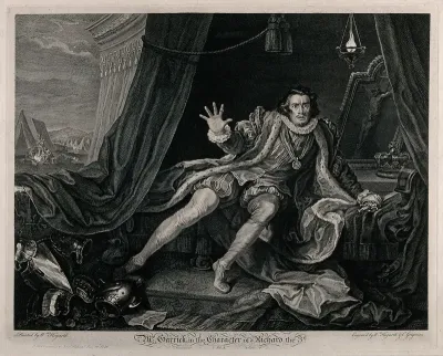 David Garrick in the rôle of Richard III, awakening from his nightmare in the tent with military activities in the background