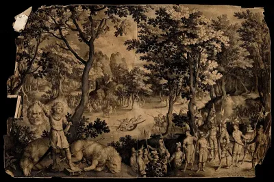 David holds the head of Goliath; soldiers dressed in contemporary uniform stand by