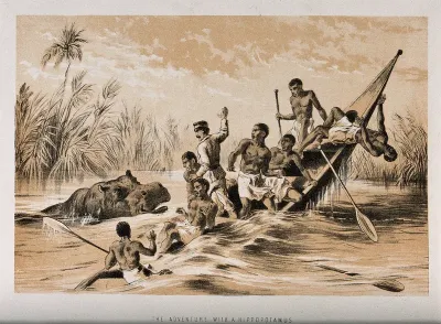 David Livingstone (?) and his followers on a boat, attacked by hippopotamus