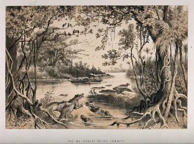 David Livingstone's steamboat, the Ma-Robert, on the Zambezi River; crocodiles in the foreground