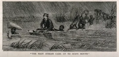 David Livingstone, suffering from fever, carried above water on the shoulders of one of his men