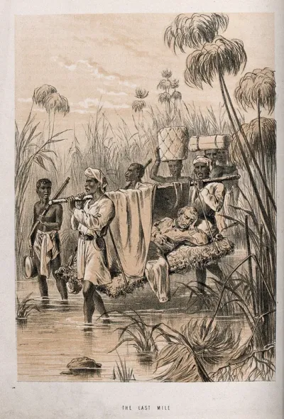 David Livingstone, suffering from fever, carried through the jungle by his men